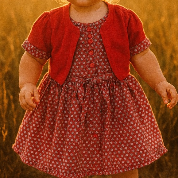 Vintage Sears Baby Girl Set – Red Floral Romper Dress & Matching Sweater Size 1T - Picture 1 of 9